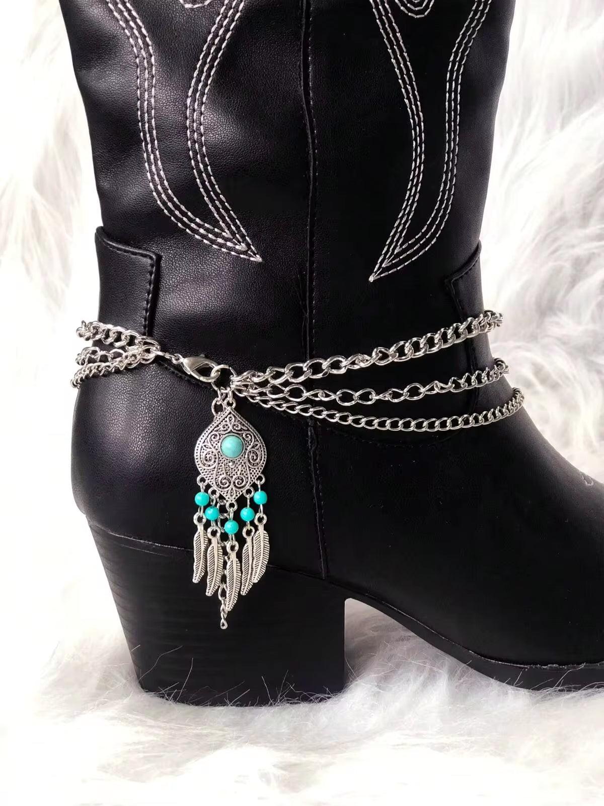 Women's Boho Western Boot Chain - Adorned With Turquoise Beads And Tassel Pendants, Ideal For Music Festivals And Pairing With Cowboy Boots