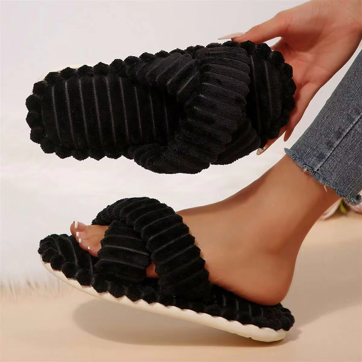 Autumn Winter House Shoes Slippers For Women Memory Foam Open Toe Slide Indoor Outdoor Cotton Fuzzy Bedroom Slippers