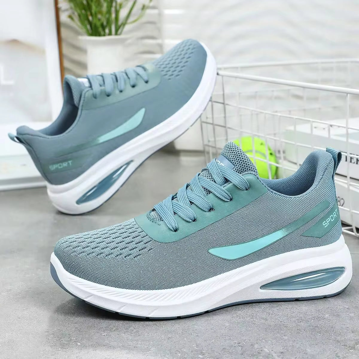 Teal Blue Fly Woven Running Shoes, Shock Absorb Air Cushion EVA Sole Casual Summer Outdoor Sneakers